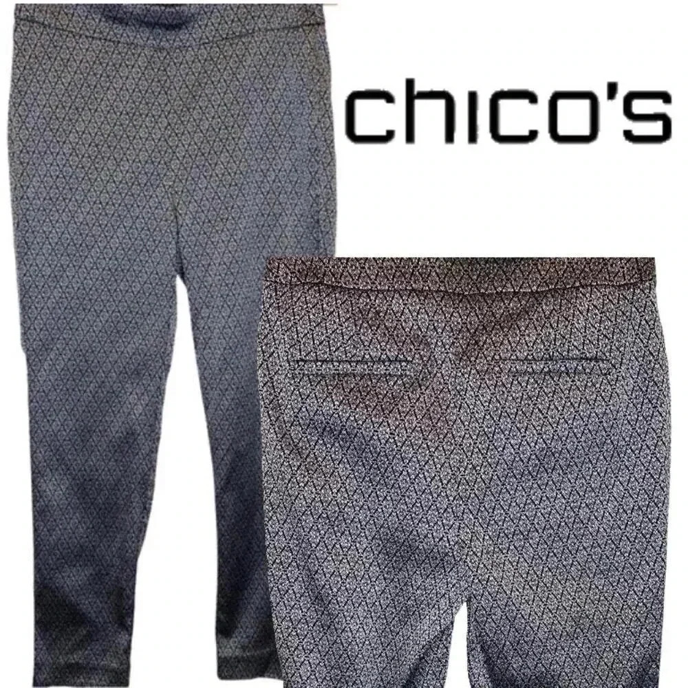 Chico's Silver and Black Diamond Print Ankle Pants / Size 1R - US Size 8R